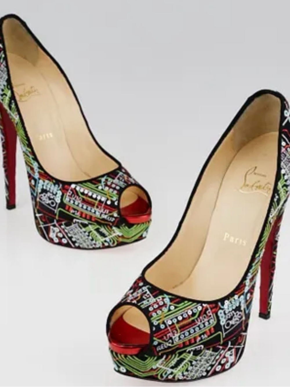 Brand new rare Lady peep geek Louboutin Black Multicolor checkerboard print heel